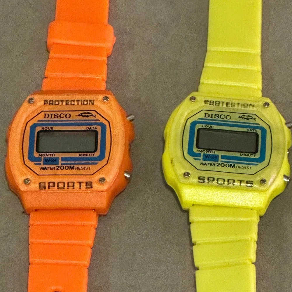 Vintage Disco Sports Digital Watch‎ Lot 3pc Neon Orange Yellow Retro 80s Style